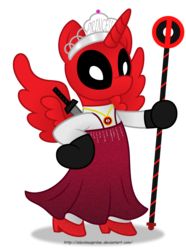 Size: 2448x3295 | Tagged: safe, artist:aleximusprime, oc, oc only, oc:princess deadpool, alicorn, pony, clothes, cosplay, costume, crossdressing, crossover, deadpool, dress, high res, jewelry, simple background, solo, staff, sword, tiara, transparent background, weapon