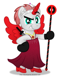 Size: 2448x3295 | Tagged: safe, artist:aleximusprime, oc, oc only, oc:princess deadpool, alicorn, pony, clothes, cosplay, costume, crossdressing, crossover, deadpool, dress, high res, jewelry, simple background, solo, staff, tiara, transparent background