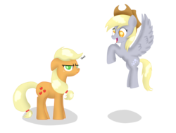 Size: 1600x1200 | Tagged: safe, artist:tamu569, applejack, derpy hooves, pegasus, pony, g4, accessory theft, derp, duo, female, floppy ears, flying, frown, glare, mare, open mouth, simple background, smiling, spread wings, transparent background, unamused