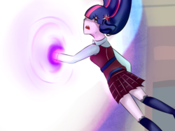 Size: 1024x768 | Tagged: safe, artist:sense19, sci-twi, twilight sparkle, equestria girls, g4, my little pony equestria girls: friendship games, clothes, crying, crystal prep academy, crystal prep academy uniform, crystal prep shadowbolts, dark magic, female, magic, missing accessory, open mouth, orb, scene interpretation, school uniform, solo