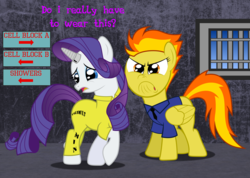 Size: 2200x1570 | Tagged: safe, artist:spellboundcanvas, rarity, spitfire, g4, clothes, complaining, do i look angry, duo, horn, horn cap, magic suppression, police, prison, prison outfit, prisoner, text, window