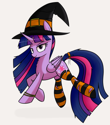 Size: 4962x5642 | Tagged: safe, artist:mrfancy, twilight sparkle, alicorn, pony, g4, absurd resolution, clothes, female, halloween, hat, socks, solo, striped socks, twilight sparkle (alicorn), witch, witch hat