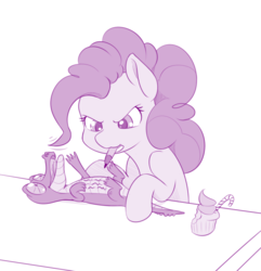 Size: 866x900 | Tagged: safe, artist:dstears, gummy, pinkie pie, g4, ppov, angry, candy, candy cane, cupcake, duo, female, food, monochrome, mouth hold, pencil, simple background, solo, table, writing