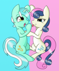 Size: 1075x1293 | Tagged: safe, artist:springveil, bon bon, lyra heartstrings, sweetie drops, earth pony, pony, unicorn, g4, adorabon, bon bon is amused, comic, cute, looking at each other, lyrabetes, open mouth, silly, silly lyra, silly pony, smiling, tongue out