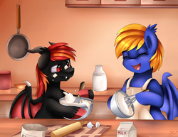 Size: 2459x1902 | Tagged: safe, artist:pridark, oc, oc only, bat pony, pony, apron, bowl, clothes, dough, egg, eyes closed, fangs, flour, hoof hold, kitchen, milk, mixing, open mouth, rolling pin