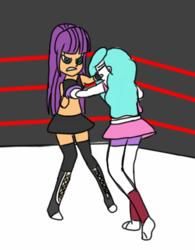 Size: 440x563 | Tagged: safe, artist:toyminator900, ginger owlseye, paisley, equestria girls, g4, boxing, clothes, exeron fighters, foxy boxing, midriff, skirt, sports bra