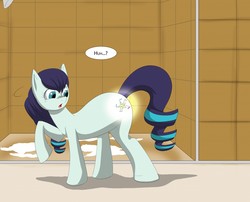 Size: 1280x1034 | Tagged: safe, artist:tfsubmissions, coloratura, earth pony, pony, equestria girls, g4, cutie mark, cutiespark, dialogue, equestria girls-ified, female, human to pony, i am just a pony, mare, shower, solo, suds, surprised, the magic inside, transformation, transformation sequence