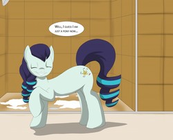 Size: 1280x1034 | Tagged: safe, artist:tfsubmissions, coloratura, earth pony, pony, equestria girls, g4, dialogue, equestria girls-ified, eyes closed, female, happy, human to pony, i am just a pony, mare, shower, smiling, solo, speech bubble, suds, the magic inside, transformation, transformation sequence, transformed