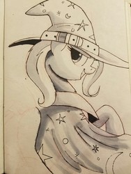 Size: 960x1280 | Tagged: safe, artist:ncmares, trixie, pony, unicorn, g4, female, grayscale, inktober, looking at you, looking back, mare, monochrome, smiling, smirk, solo, traditional art