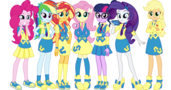 Size: 5300x2800 | Tagged: safe, artist:ggalleonalliance, artist:osipush, applejack, fluttershy, pinkie pie, rainbow dash, rarity, sci-twi, sunset shimmer, twilight sparkle, equestria girls, g4, adorkable, canterlot high, clothes, cute, dork, glasses, hand on hip, high heels, high res, kneesocks, necktie, phone, school spirit, school uniform, shoes, simple background, skirt, smartphone, smiling, socks, transparent background, vector, vest, wondercolts