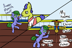 Size: 1200x800 | Tagged: safe, artist:saria the frost mage, oc, oc only, oc:clover patch, pony, unicorn, a foal's adventure, boop, cloud, cyoa, easter egg, female, fight, glare, horn, knife, mage, male, ocean, pirate, pirate ship, practice, railing, scarecrow, ship, sky, solo focus, stallion, standing, story included, talking, text, the legend of zelda, the legend of zelda: ocarina of time, weapon