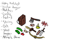 Size: 1280x800 | Tagged: safe, artist:saria the frost mage, a foal's adventure, bag, bow (weapon), candle, color, cyoa, dagger, doll, food, hatchet, inventory, knife, no pony, pony doll, pony in description, story included, text, toy, weapon