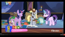 Size: 1920x1080 | Tagged: safe, screencap, derpy hooves, spike, starlight glimmer, twilight sparkle, alicorn, pony, g4, to where and back again, book, franklin and friends, franklin the turtle, mailmare, tiny pop, twilight sparkle (alicorn)
