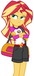 Size: 1500x3294 | Tagged: safe, artist:sketchmcreations, sunset shimmer, equestria girls, g4, my little pony equestria girls: legend of everfree, clothes, crossed arms, duffle bag, female, raised eyebrow, shorts, simple background, smug, smugset shimmer, solo, transparent background, vector