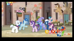 Size: 1920x1080 | Tagged: safe, screencap, barren hymn, cool beans, double diamond, flower flight, night glider, party favor, starlight glimmer, sugar belle, trixie, earth pony, pegasus, pony, unicorn, g4, to where and back again, female, male, mare, stallion, tiny pop