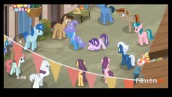 Size: 1920x1080 | Tagged: safe, screencap, amethyst skim, barren hymn, cool beans, double diamond, flower flight, ivy vine, log jam, night glider, party favor, starlight glimmer, sugar belle, sunny song, trixie, earth pony, pegasus, pony, unicorn, g4, to where and back again, female, male, mare, stallion, tiny pop