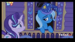 Size: 1920x1080 | Tagged: safe, screencap, starlight glimmer, trixie, pony, g4, to where and back again, hat, nightcap, smiling, tiny pop, trixie's nightcap, trixie's wagon