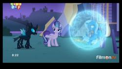 Size: 1920x1080 | Tagged: safe, screencap, starlight glimmer, thorax, trixie, changeling, pony, unicorn, g4, to where and back again, female, force field, magic, magic bubble, male, mare, raised hoof, trio, trixie's wagon