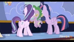 Size: 400x225 | Tagged: safe, screencap, derpy hooves, spike, starlight glimmer, twilight sparkle, alicorn, pony, g4, to where and back again, animated, blinking, book, crash, cute, eyes closed, floppy ears, flying, gif, grin, incoming, mailmare, mouth hold, on back, smiling, twilight sparkle (alicorn), underp