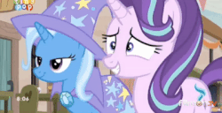 Size: 400x204 | Tagged: safe, screencap, starlight glimmer, trixie, pony, g4, to where and back again, animated, female, gif, smile and wave