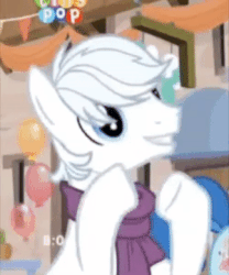 Size: 300x360 | Tagged: safe, screencap, double diamond, party favor, earth pony, pony, g4, to where and back again, animated, clapping, clothes, cropped, cute, double dawwmond, gif, male, offscreen character, scarf, solo focus, stallion