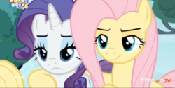 Size: 656x332 | Tagged: safe, screencap, fluttershy, rarity, changeling, pony, g4, to where and back again, disguise, disguised changeling, fake fluttershy, fake rarity, unamused