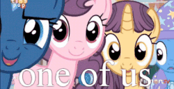 Size: 400x204 | Tagged: safe, edit, edited screencap, screencap, amethyst skim, double diamond, ivy vine, night glider, party favor, sugar belle, trixie, earth pony, pony, unicorn, g4, to where and back again, animated, cute, double dawwmond, equal four, female, gif, happy, image macro, join the herd, looking at you, male, mare, meme, one of us, smiling, stallion, welcome to the herd