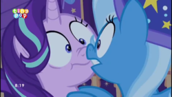 Size: 854x480 | Tagged: safe, screencap, starlight glimmer, trixie, pony, g4, to where and back again, boop, nose wrinkle, noseboop, out of context