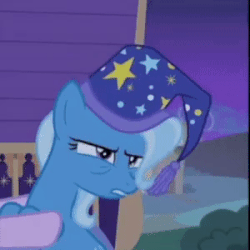 Size: 300x300 | Tagged: safe, screencap, trixie, pony, g4, to where and back again, animated, cropped, female, floppy ears, gif, grumpy, hat, nightcap, sleepy, solo focus, trixie's nightcap, trixie's wagon