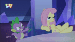 Size: 300x169 | Tagged: safe, screencap, fluttershy, pinkie pie, rarity, spike, changeling, g4, to where and back again, animated, disguise, fake fluttershy, fake pinkie, fake rarity, fake spike, gif, spikeabuse