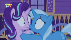 Size: 854x480 | Tagged: safe, screencap, starlight glimmer, trixie, pony, g4, to where and back again, boop, nose wrinkle, noseboop, trixie's wagon