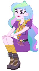 Size: 1084x1994 | Tagged: safe, artist:sketchmcreations, princess celestia, principal celestia, equestria girls, g4, my little pony equestria girls: legend of everfree, boots, clothes, female, hands on knees, open mouth, sash, scout uniform, simple background, sitting, socks, solo, sun, transparent background, vector