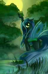 Size: 3300x5100 | Tagged: safe, artist:grennadder, queen chrysalis, changeling, changeling queen, g4, butt, featureless crotch, female, long tail, mare, plot, river, slender, solo, tail, tall, thin, tree