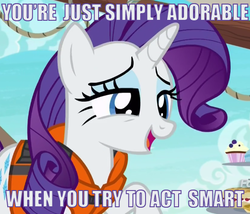 Size: 553x474 | Tagged: safe, edit, edited screencap, screencap, rarity, pony, unicorn, g4, ppov, caption, condescending, female, image macro, lidded eyes, mare, meme, smiling, solo, text, you're adorable