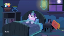 Size: 1144x646 | Tagged: safe, screencap, starlight glimmer, pony, unicorn, g4, to where and back again, bed, female, glowing horn, horn, in bed, kite, levitation, magic, magic aura, mare, moon, solo, starlight's room, telekinesis, that pony sure does love kites, tiny pop