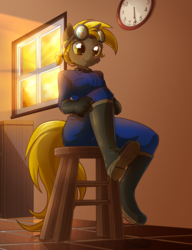 Size: 900x1170 | Tagged: safe, artist:kelsea-chan, oc, oc only, oc:golden gear, unicorn, anthro, plantigrade anthro, boots, clock, dressing, overalls, solo