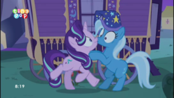 Size: 1024x576 | Tagged: safe, screencap, starlight glimmer, trixie, pony, g4, to where and back again, accidental kiss, hat, implied lesbian, implied shipping, implied startrix, nightcap, out of context, trixie's wagon