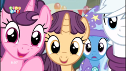 Size: 1024x576 | Tagged: safe, screencap, amethyst skim, double diamond, sugar belle, trixie, pony, g4, to where and back again, cute, double dawwmond, sugarbetes