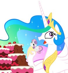 Size: 863x926 | Tagged: safe, edit, princess celestia, sweetie belle, alicorn, pony, unicorn, g4, cake, cakelestia, female, filly, food, imminent vore, implied vore, mare, micro, open mouth, princess vorestia, sweetie belle is a marshmallow too, wat