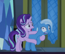 Size: 580x480 | Tagged: safe, screencap, starlight glimmer, trixie, pony, unicorn, g4, season 6, to where and back again, animated, anxiety, cropped, derp, duo, faic, female, freakout, gif, horn, hyperventilating, panic, panic attack