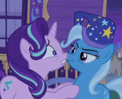 Size: 592x480 | Tagged: safe, screencap, starlight glimmer, trixie, pony, g4, to where and back again, animated, female, gif, hat, nightcap, scrunchy face, trixie's nightcap, trixie's wagon