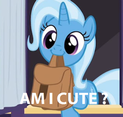 Size: 471x450 | Tagged: safe, edit, edited screencap, screencap, trixie, pony, unicorn, g4, to where and back again, :3, bronybait, caption, cropped, cute, diatrixes, female, mare, mouth hold, solo, to saddlebags and back again, trixie is cute, yes