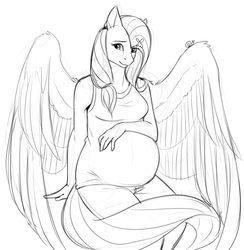 Size: 1172x1200 | Tagged: safe, artist:nsfwbonbon, fluttershy, anthro, g4, belly, big belly, female, looking at you, monochrome, preggoshy, pregnant, solo