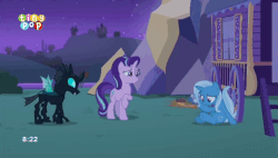 Size: 844x480 | Tagged: safe, screencap, starlight glimmer, thorax, trixie, pony, unicorn, g4, to where and back again, animated, female, first impression, gif, mare, trixie's wagon