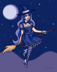 Size: 946x1200 | Tagged: safe, artist:mcponyponypony, princess luna, human, g4, broom, clothes, cloud, dress, female, flying, flying broomstick, gloves, halloween, hat, high heels, humanized, looking at you, moon, night, night sky, smiling, solo, stars, stockings, witch, witch hat