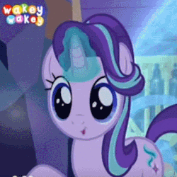 Size: 384x384 | Tagged: safe, screencap, starlight glimmer, pony, unicorn, g4, to where and back again, animated, cropped, cute, eye shimmer, female, gif, glimmerbetes, glowing horn, happy, horn, mare, open mouth, raised hoof, smiling, solo