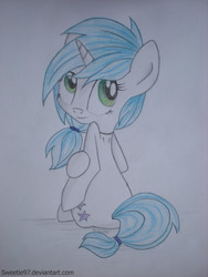 Size: 2448x3264 | Tagged: safe, artist:sweeterwho, oc, oc only, oc:sweetie, pony, cute, looking at you, looking back, low ponytail, ponytail, sitting, smiling, solo, traditional art