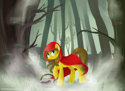 Size: 3000x2200 | Tagged: safe, artist:sweeterwho, pony, wolf, fog, forest, little red riding hood, ponified, scared, tree