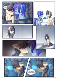 Size: 1200x1600 | Tagged: safe, artist:meewin, oc, oc only, oc:moon brush, bed, cake, comic, female, food, kissing, lesbian, magic, rain