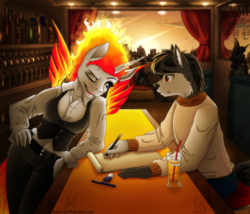 Size: 3500x3000 | Tagged: safe, artist:mykegreywolf, oc, oc only, alicorn, anthro, alicorn oc, bar, clothes, drink, furry, high res, non-mlp oc, one eye closed, wink